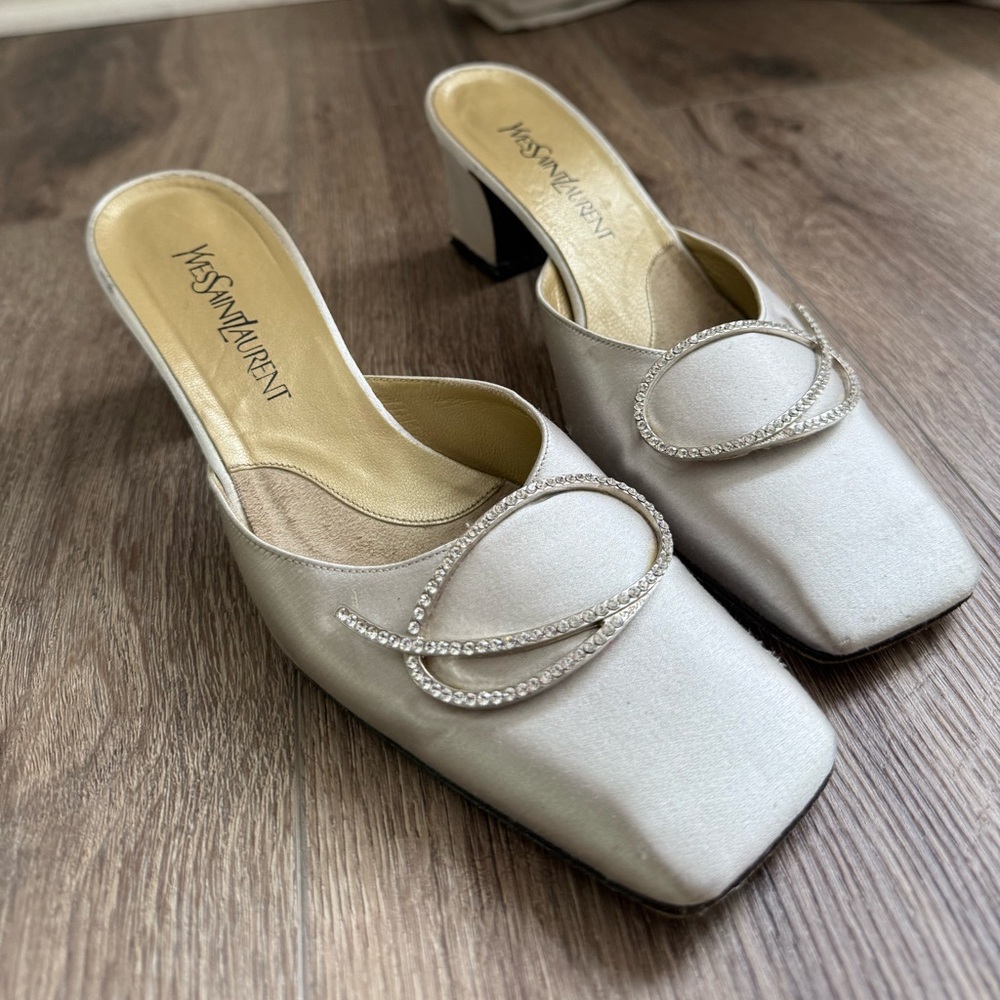 Yves Saint Laurent Ivory Satin Crystal-Trim Slip-On Mules - Picture 13 of 13